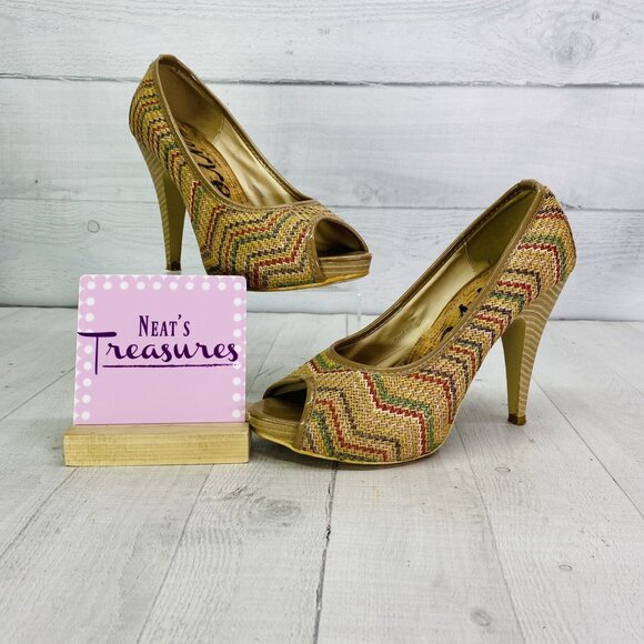 Henry Ferrera GOOD GIRL Beige Chevon Stripe Open Toe Slip On High Heels Size 7 - Picture 2 of 12